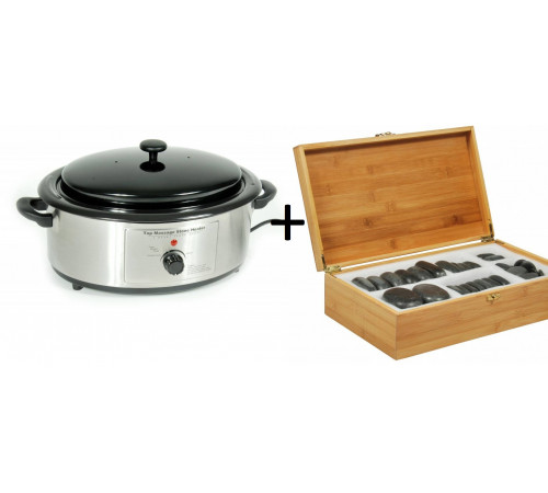 Подогреватель для базальтовых камней 6QR+Набор массажных камней из базальта в коробке из бамбука (45 шт.)