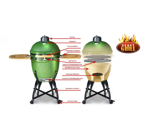 Керамический гриль-барбекю с окошком 22 дюйма (зеленый) (57см) с чехлом